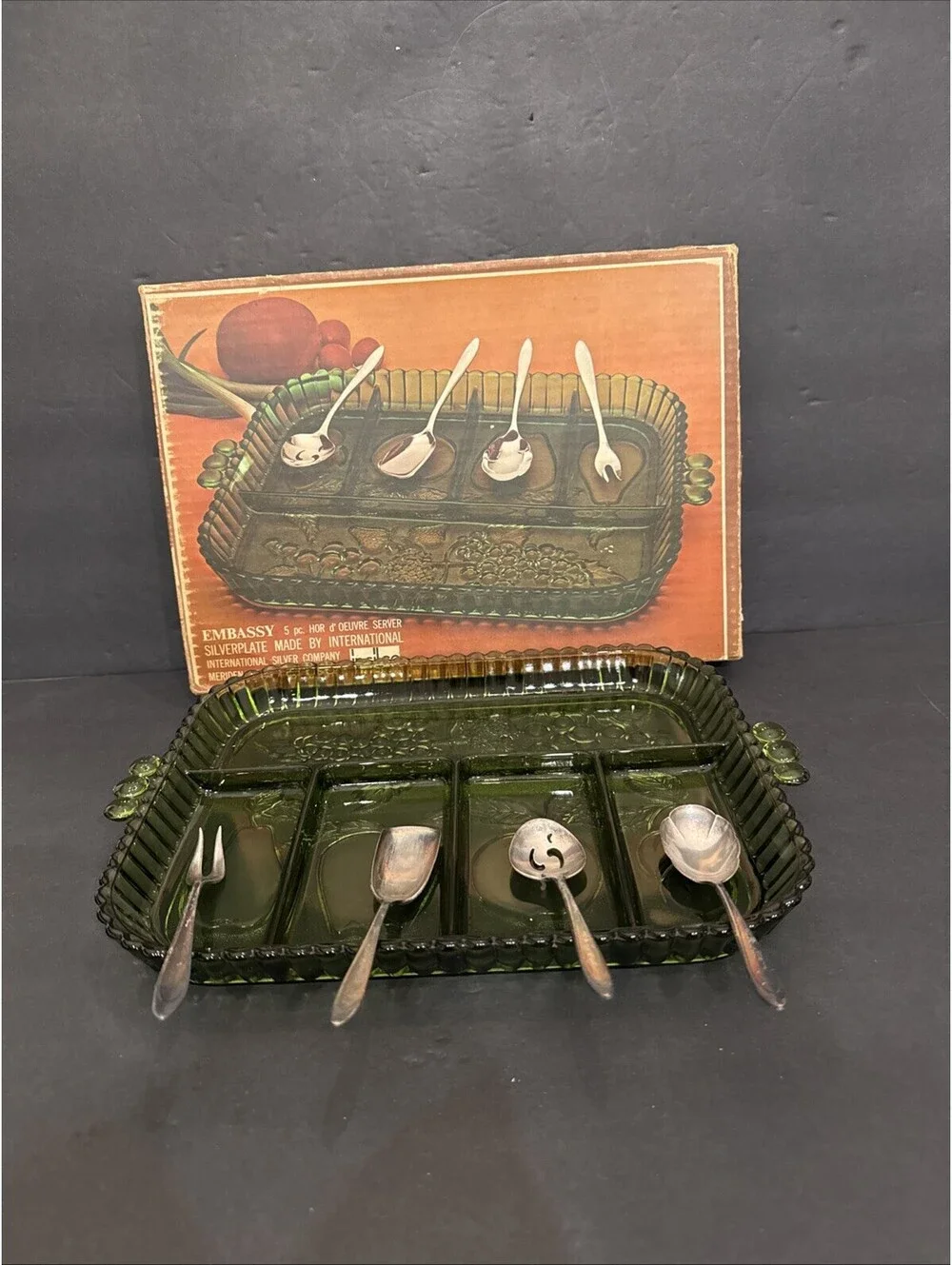 Vintage Indiana Glass Olive Green 5-Part Relish Tray In Original Box 12.5” X 9”
